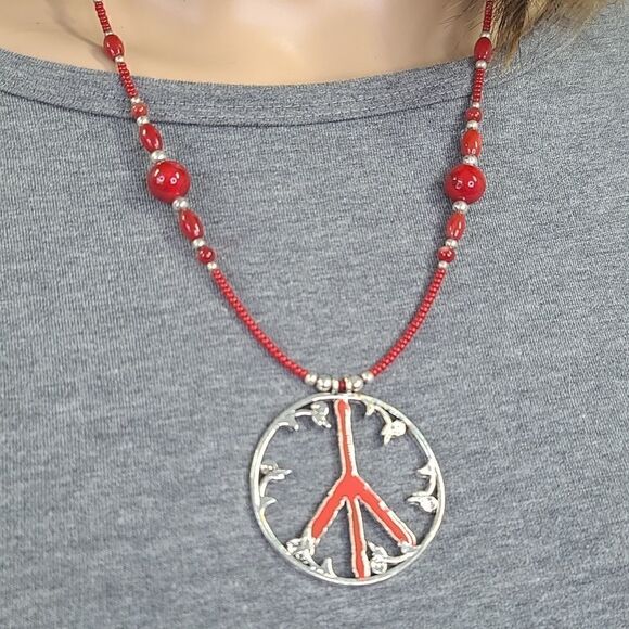 Handcrafted Silver and Red Peace Symbol Necklace - Picture 2 of 4